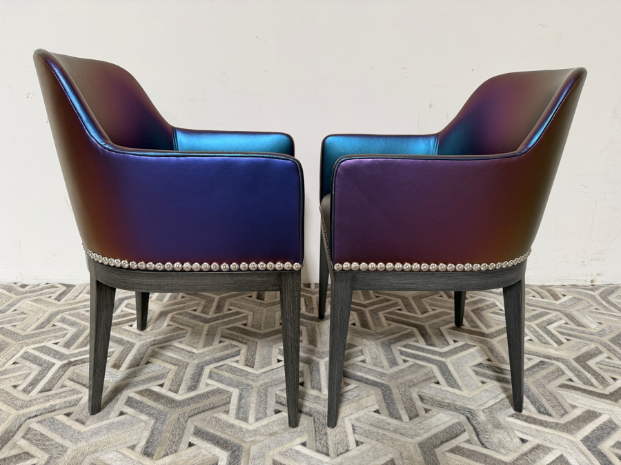 Nativa Interiors Custom Upholstered Dining Armchair In Edelman Iridescent Blue Leather 22'W X 22'D X 32.5'H [Photo 4]