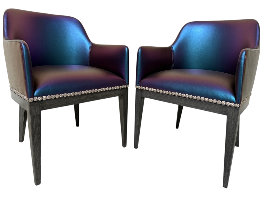 Nativa Interiors Custom Upholstered Dining Armchair In Edelman Iridescent Blue Leather 22'W X 22'D X 32.5'H