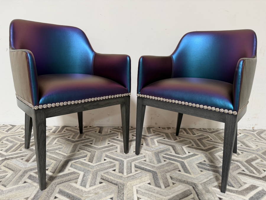Nativa Interiors Custom Upholstered Dining Armchair In Edelman Iridescent Blue Leather 22'W X 22'D X 32.5'H [Photo 2]
