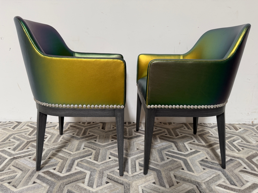 Nativa Interiors Custom Upholstered Dining Armchair In Edelman Iridescent Green Leather 22'W X 22'D X 32.5'H [Photo 4]