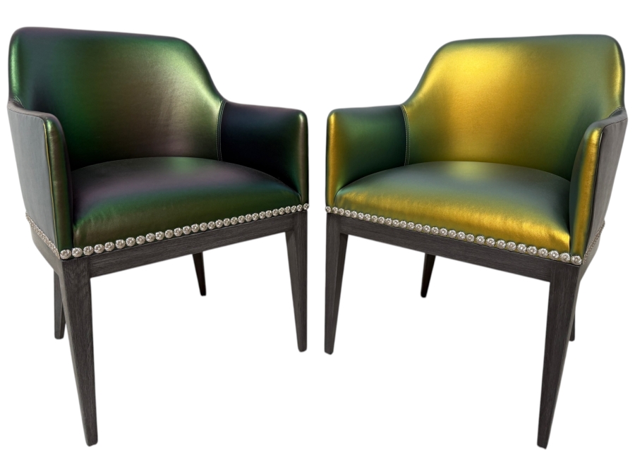 Nativa Interiors Custom Upholstered Dining Armchair In Edelman Iridescent Green Leather 22'W X 22'D X 32.5'H