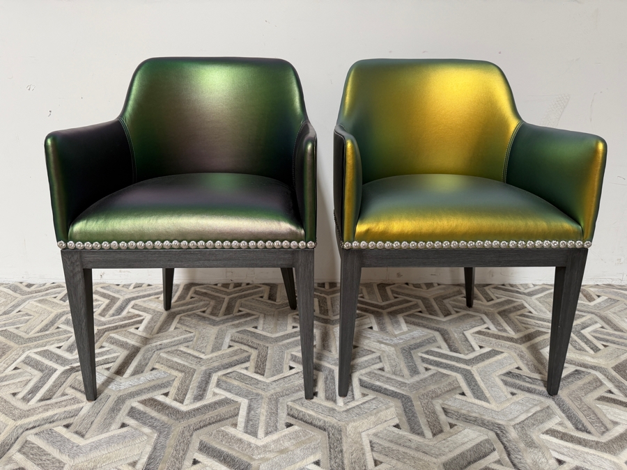 Nativa Interiors Custom Upholstered Dining Armchair In Edelman Iridescent Green Leather 22'W X 22'D X 32.5'H [Photo 3]
