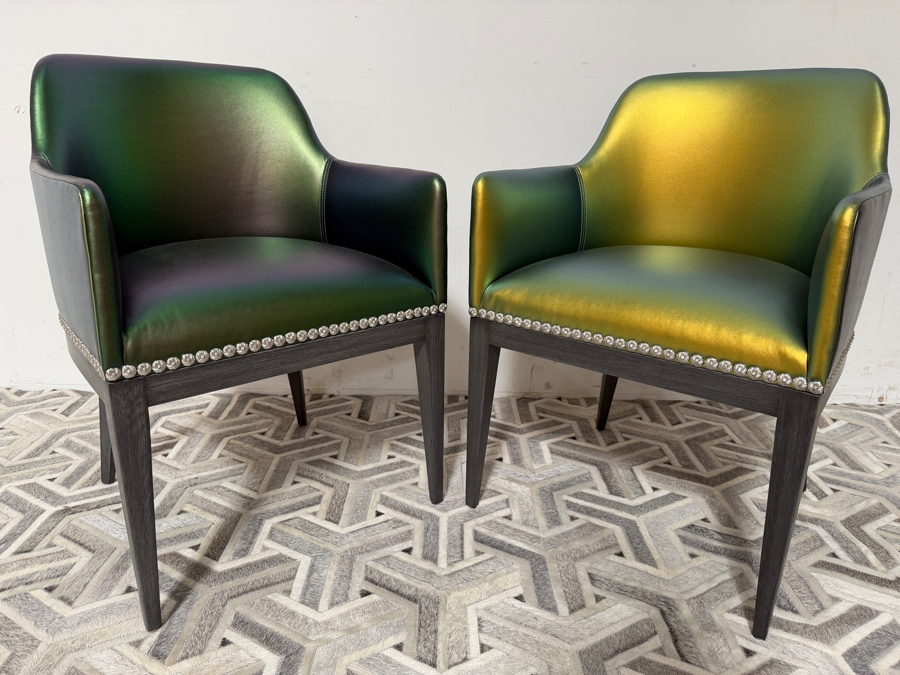 Nativa Interiors Custom Upholstered Dining Armchair In Edelman Iridescent Green Leather 22'W X 22'D X 32.5'H [Photo 2]