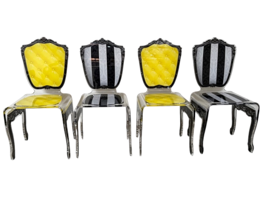 Acrila Capiton Clear Acrylic Lucite Baroque Dining Chairs In Yellow Tufted And Black Striped Prints Made in France