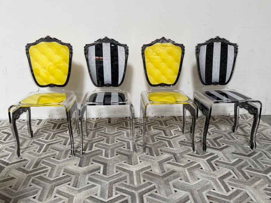 Acrila Capiton Clear Acrylic Lucite Baroque Dining Chairs In Yellow Tufted And Black Striped Prints Made in France [Photo 3]