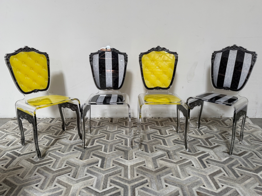 Acrila Capiton Clear Acrylic Lucite Baroque Dining Chairs In Yellow Tufted And Black Striped Prints Made in France [Photo 2]