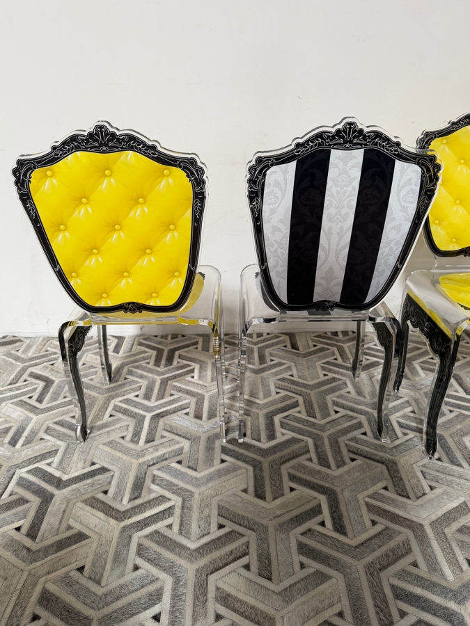 Acrila Capiton Clear Acrylic Lucite Baroque Dining Chairs In Yellow Tufted And Black Striped Prints Made in France [Photo 5]