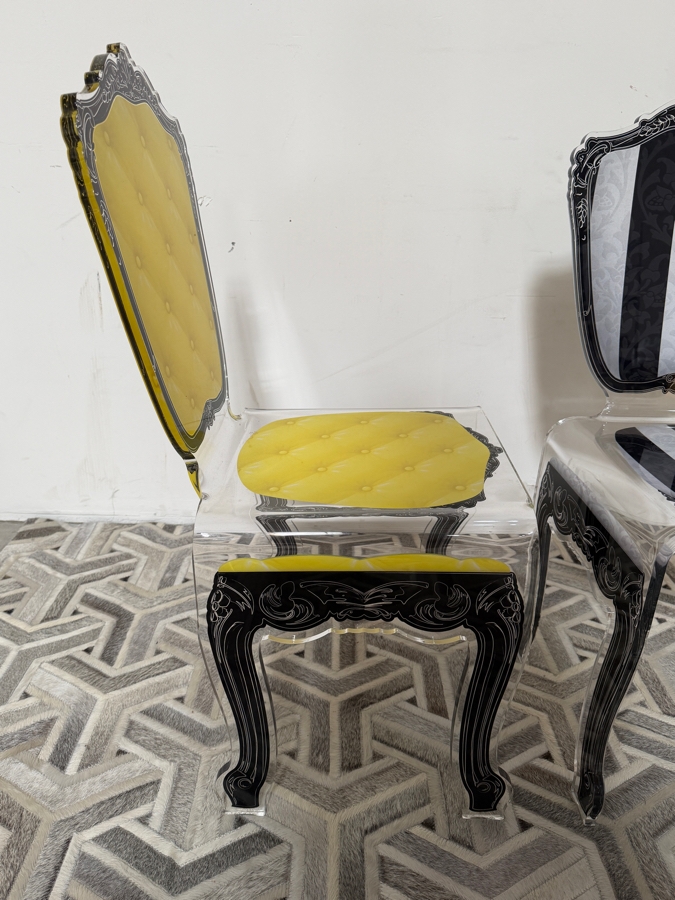 Acrila Capiton Clear Acrylic Lucite Baroque Dining Chairs In Yellow Tufted And Black Striped Prints Made in France [Photo 4]