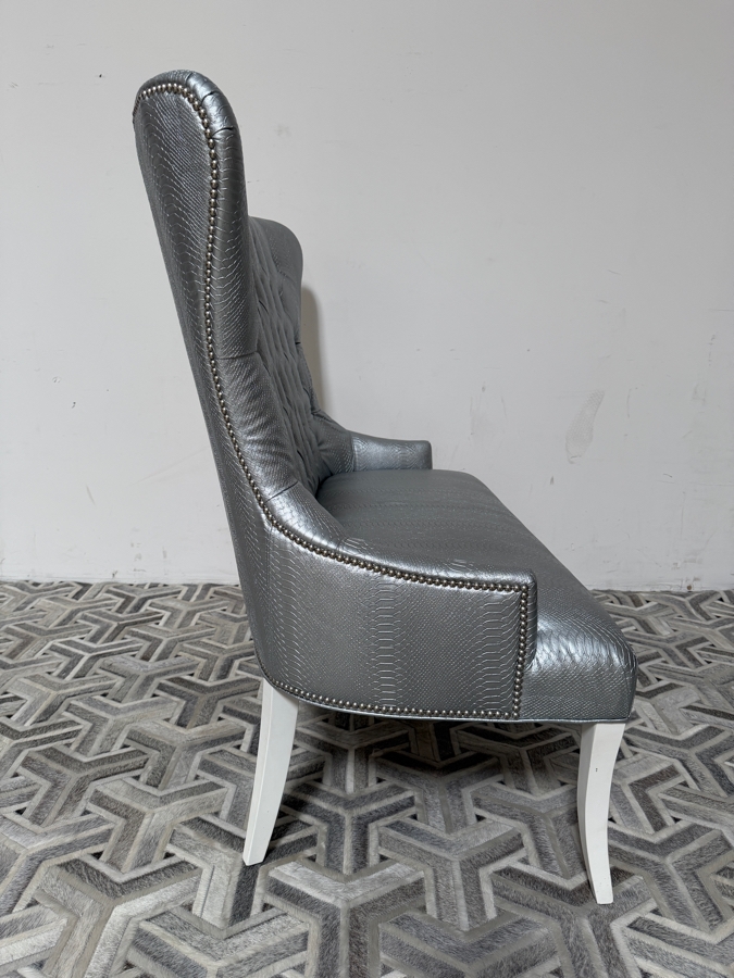 Custom Tufted Metallic Silver Python Embossed Faux Leather Wingback Settee Loveseat Bench 50'W X 32'D X 52'H [Photo 5]