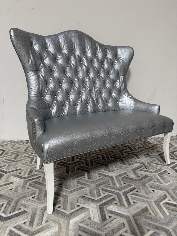 Custom Tufted Metallic Silver Python Embossed Faux Leather Wingback Settee Loveseat Bench 50'W X 32'D X 52'H [Photo 4]