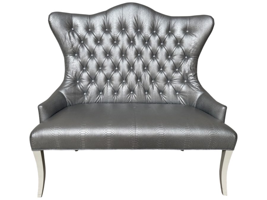 Custom Tufted Metallic Silver Python Embossed Faux Leather Wingback Settee Loveseat Bench 50'W X 32'D X 52'H