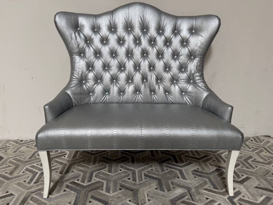 Custom Tufted Metallic Silver Python Embossed Faux Leather Wingback Settee Loveseat Bench 50'W X 32'D X 52'H [Photo 2]