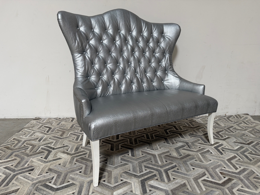 Custom Tufted Metallic Silver Python Embossed Faux Leather Wingback Settee Loveseat Bench 50'W X 32'D X 52'H [Photo 3]