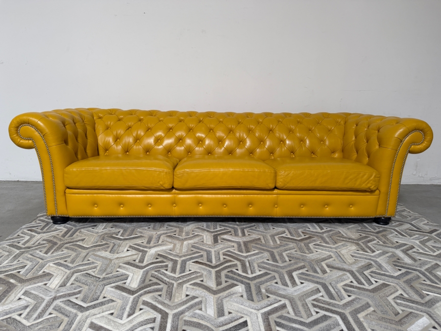 (1 of 2) Custom Luxury Marcantonio Designs Bench-Crafted Yellow Leather Chesterfield Sofa With Deep Button Tufting, Rolled Arms, And Nailhead Trim 113'W X 41'D X 31'H [Photo 2]