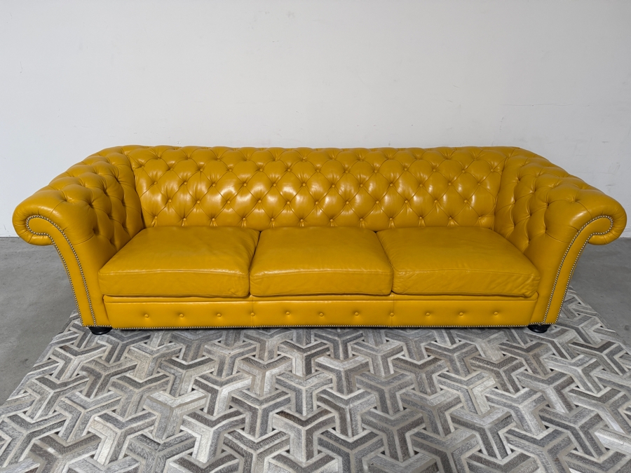 (1 of 2) Custom Luxury Marcantonio Designs Bench-Crafted Yellow Leather Chesterfield Sofa With Deep Button Tufting, Rolled Arms, And Nailhead Trim 113'W X 41'D X 31'H [Photo 3]