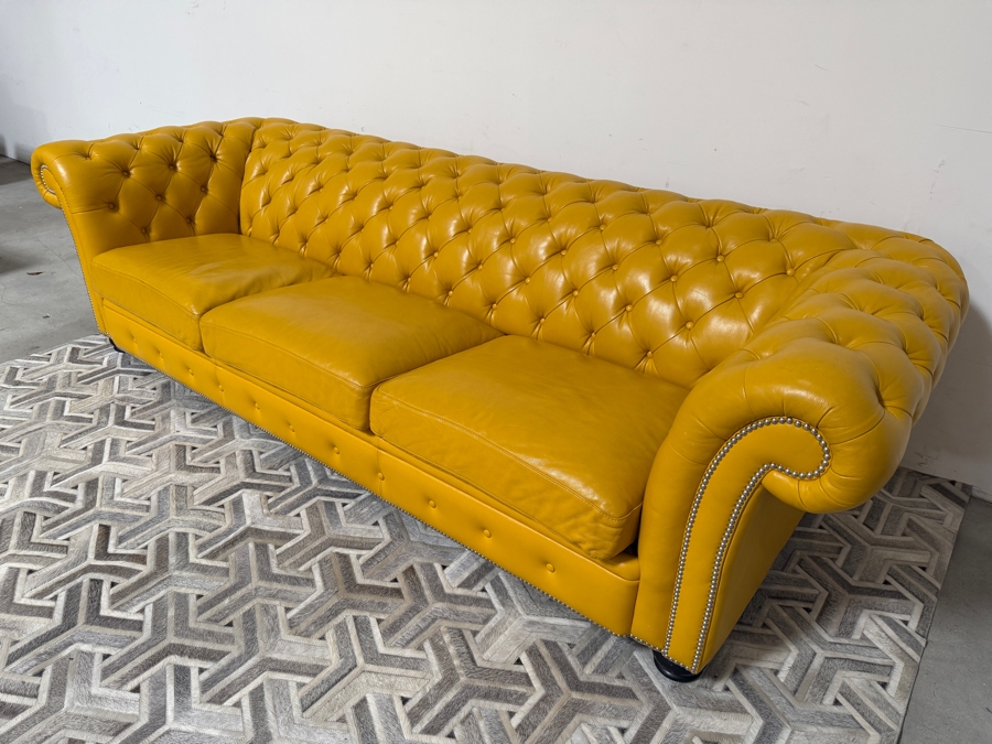 (1 of 2) Custom Luxury Marcantonio Designs Bench-Crafted Yellow Leather Chesterfield Sofa With Deep Button Tufting, Rolled Arms, And Nailhead Trim 113'W X 41'D X 31'H [Photo 5]