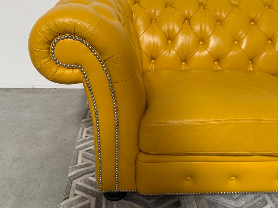 (1 of 2) Custom Luxury Marcantonio Designs Bench-Crafted Yellow Leather Chesterfield Sofa With Deep Button Tufting, Rolled Arms, And Nailhead Trim 113'W X 41'D X 31'H [Photo 8]