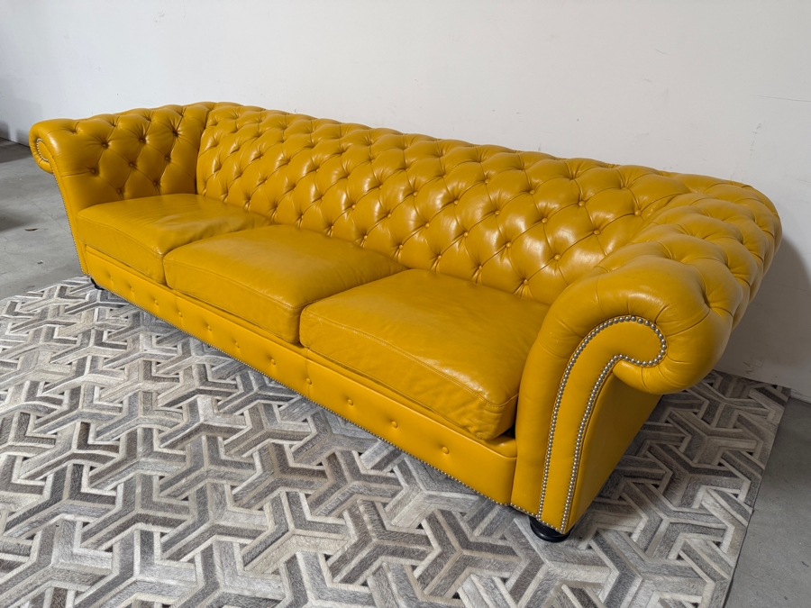 (1 of 2) Custom Luxury Marcantonio Designs Bench-Crafted Yellow Leather Chesterfield Sofa With Deep Button Tufting, Rolled Arms, And Nailhead Trim 113'W X 41'D X 31'H [Photo 4]