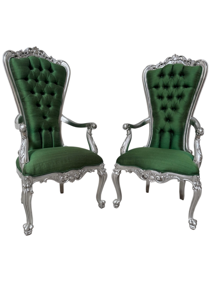 Pair Of Carved Baroque Emerald Green Silk Throne Chairs With Silver Finished Frames And Deep Button Tufting
