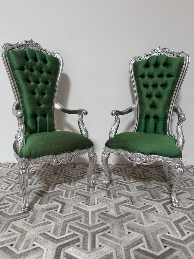 Pair Of Carved Baroque Emerald Green Silk Throne Chairs With Silver Finished Frames And Deep Button Tufting [Photo 2]