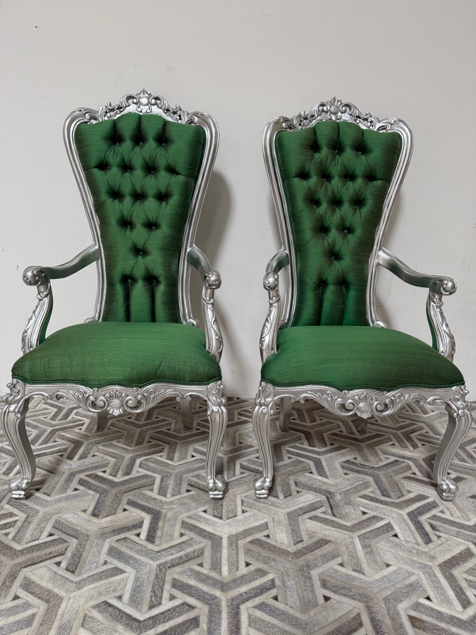 Pair Of Carved Baroque Emerald Green Silk Throne Chairs With Silver Finished Frames And Deep Button Tufting [Photo 3]