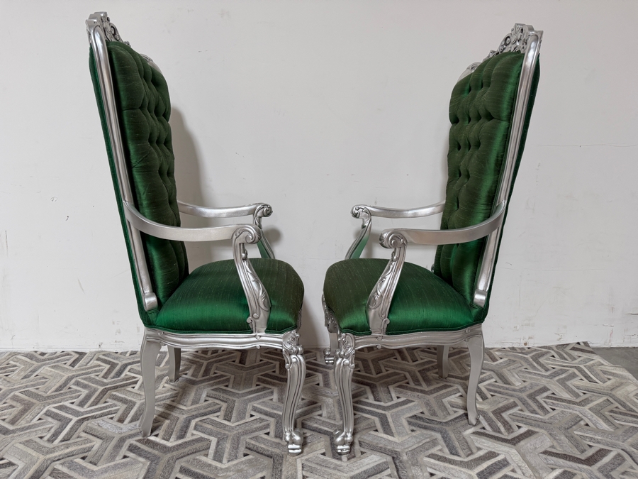 Pair Of Carved Baroque Emerald Green Silk Throne Chairs With Silver Finished Frames And Deep Button Tufting [Photo 5]