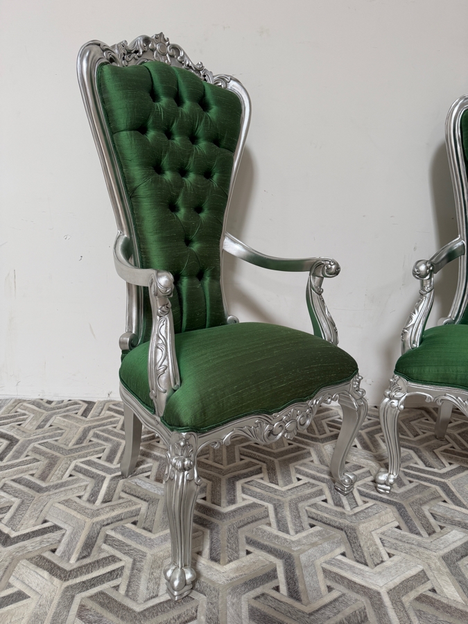 Pair Of Carved Baroque Emerald Green Silk Throne Chairs With Silver Finished Frames And Deep Button Tufting [Photo 4]