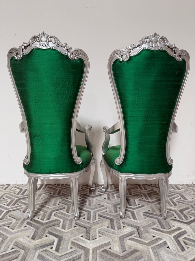 Pair Of Carved Baroque Emerald Green Silk Throne Chairs With Silver Finished Frames And Deep Button Tufting [Photo 6]