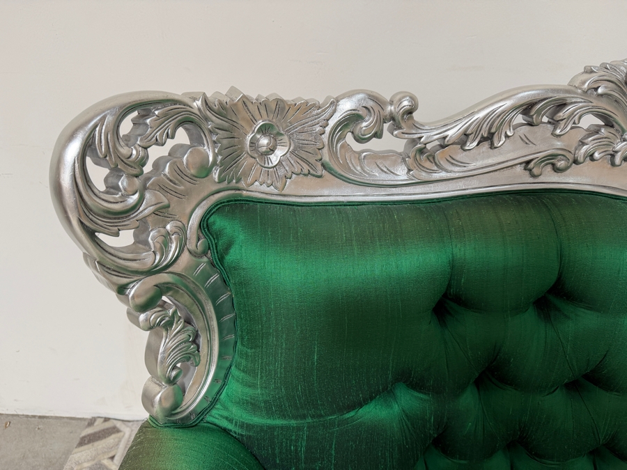 Carved Baroque Emerald Green Silk Sofa With Silver Finished Frame, Deep Button Tufting, And Ornate Rolled Arms 81'W X 34'D X 48'H [Photo 7]