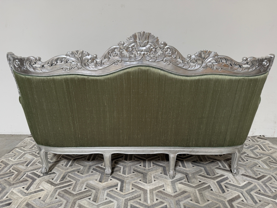 Carved Baroque Emerald Green Silk Sofa With Silver Finished Frame, Deep Button Tufting, And Ornate Rolled Arms 81'W X 34'D X 48'H [Photo 11]