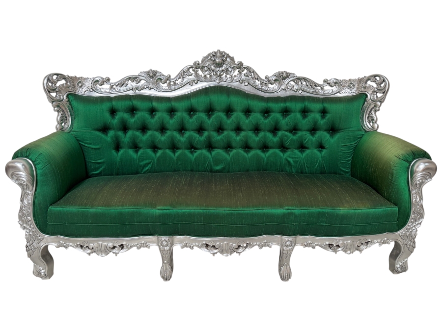 Carved Baroque Emerald Green Silk Sofa With Silver Finished Frame, Deep Button Tufting, And Ornate Rolled Arms 81'W X 34'D X 48'H