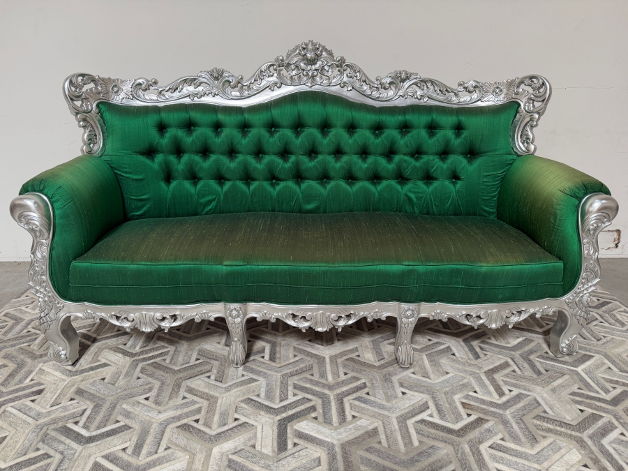 Carved Baroque Emerald Green Silk Sofa With Silver Finished Frame, Deep Button Tufting, And Ornate Rolled Arms 81'W X 34'D X 48'H [Photo 2]