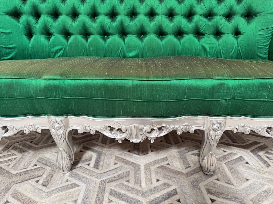Carved Baroque Emerald Green Silk Sofa With Silver Finished Frame, Deep Button Tufting, And Ornate Rolled Arms 81'W X 34'D X 48'H [Photo 3]