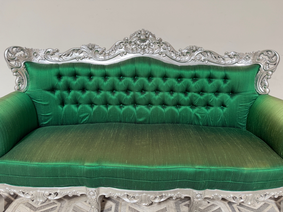Carved Baroque Emerald Green Silk Sofa With Silver Finished Frame, Deep Button Tufting, And Ornate Rolled Arms 81'W X 34'D X 48'H [Photo 4]