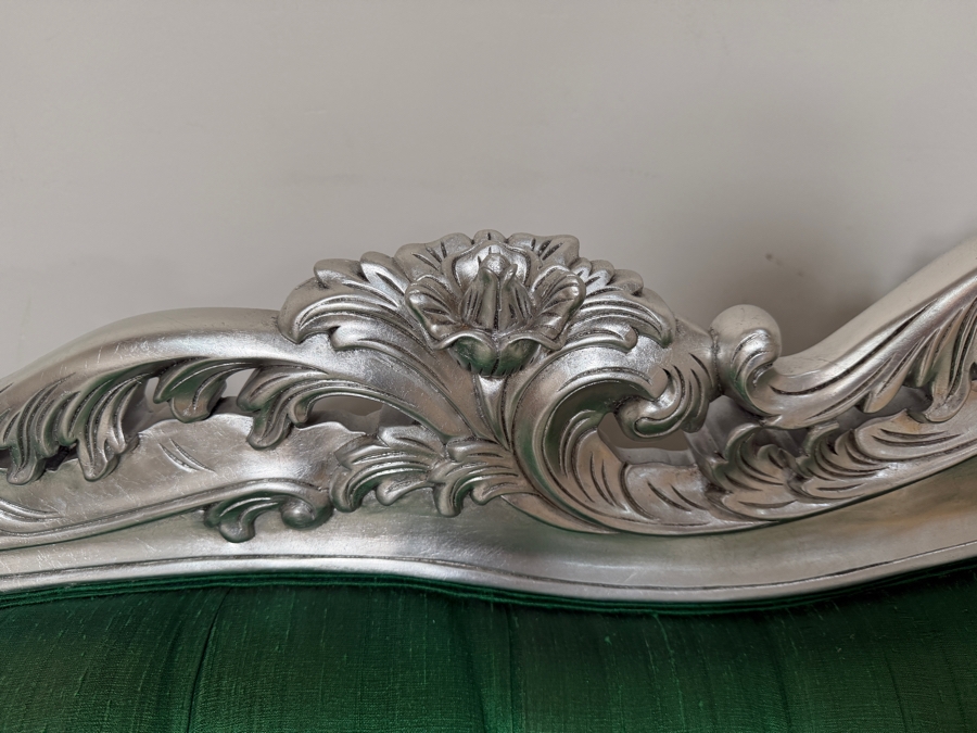 Carved Baroque Emerald Green Silk Sofa With Silver Finished Frame, Deep Button Tufting, And Ornate Rolled Arms 81'W X 34'D X 48'H [Photo 6]