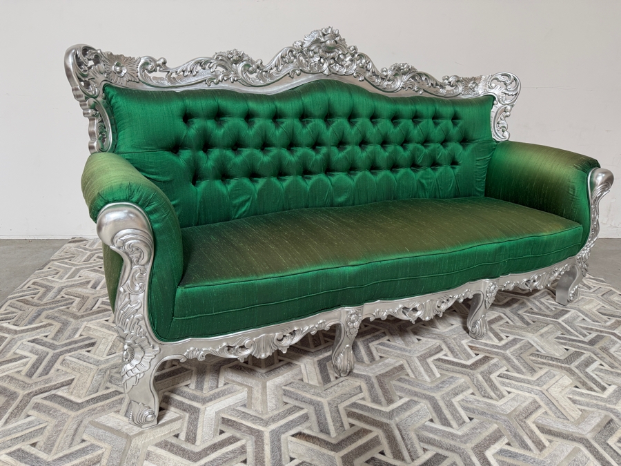 Carved Baroque Emerald Green Silk Sofa With Silver Finished Frame, Deep Button Tufting, And Ornate Rolled Arms 81'W X 34'D X 48'H [Photo 9]