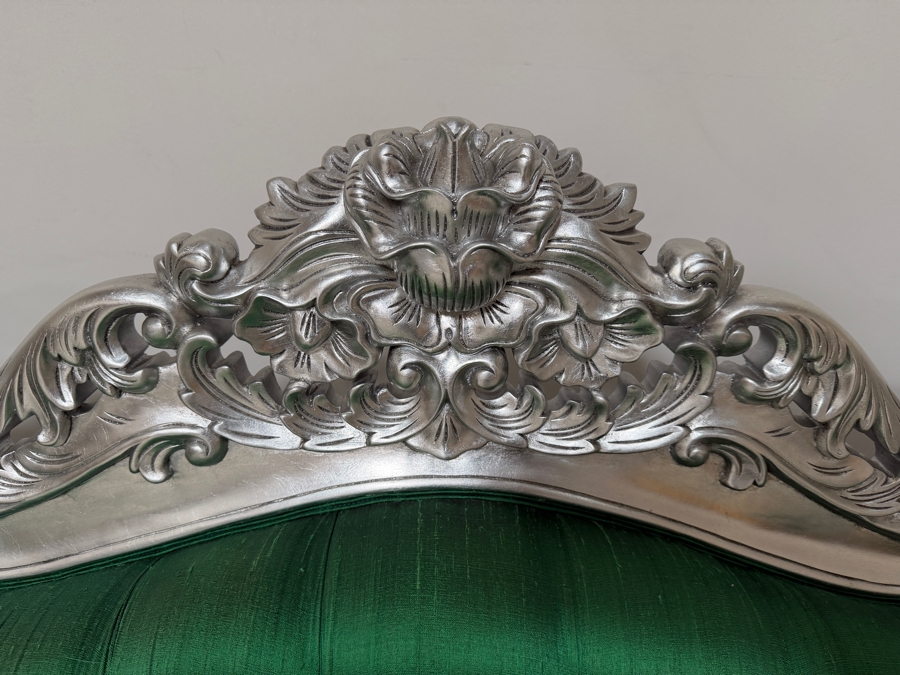 Carved Baroque Emerald Green Silk Sofa With Silver Finished Frame, Deep Button Tufting, And Ornate Rolled Arms 81'W X 34'D X 48'H [Photo 5]