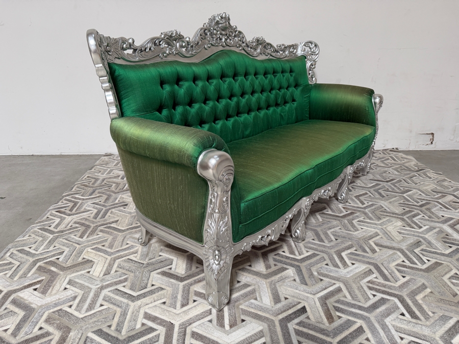 Carved Baroque Emerald Green Silk Sofa With Silver Finished Frame, Deep Button Tufting, And Ornate Rolled Arms 81'W X 34'D X 48'H [Photo 10]