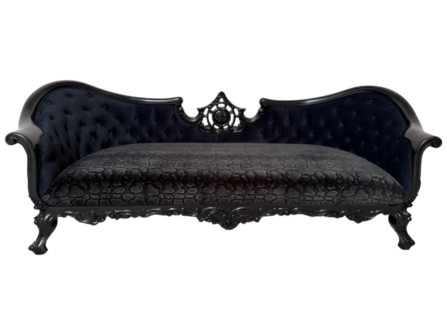 (1 of 2) Hand-Carved Baroque Black Velvet Sofa With Glossy Black Lacquered Frame, Deep Button Tufting, And Faux Python Patterned Cushion 81'W X 34'D X 33'H