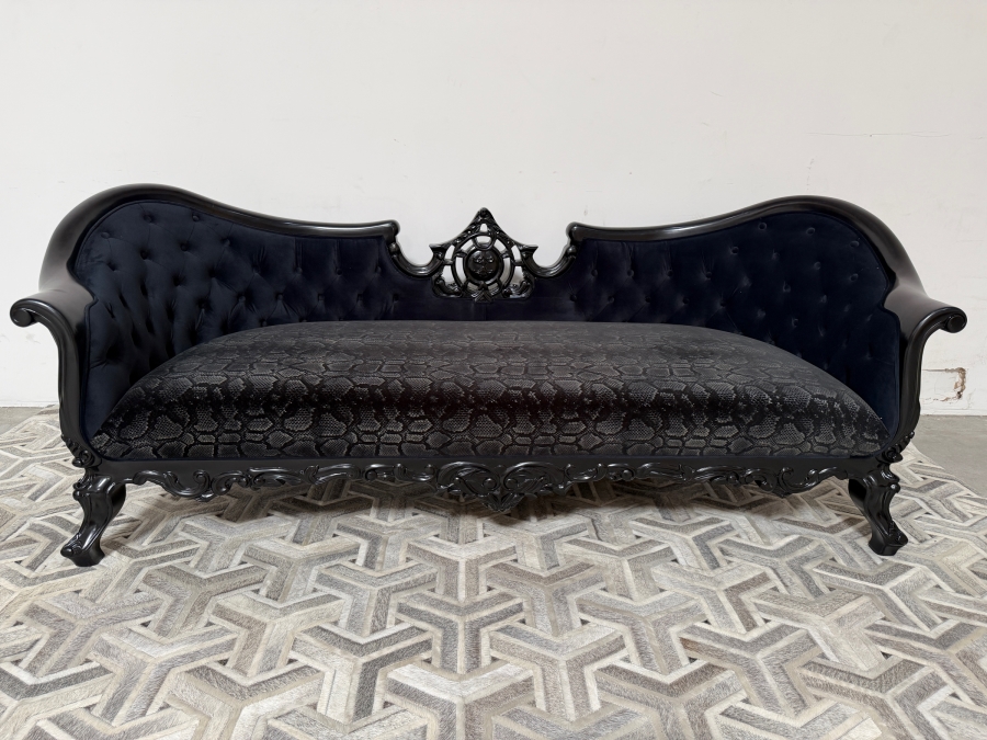 (1 of 2) Hand-Carved Baroque Black Velvet Sofa With Glossy Black Lacquered Frame, Deep Button Tufting, And Faux Python Patterned Cushion 81'W X 34'D X 33'H [Photo 2]