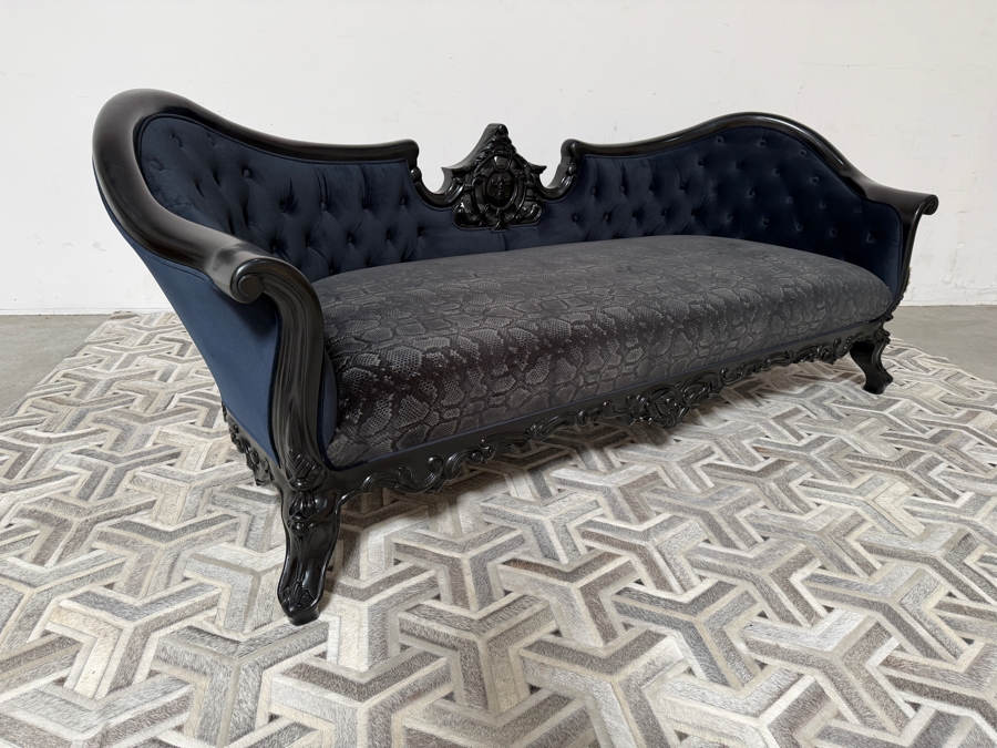 (1 of 2) Hand-Carved Baroque Black Velvet Sofa With Glossy Black Lacquered Frame, Deep Button Tufting, And Faux Python Patterned Cushion 81'W X 34'D X 33'H [Photo 5]