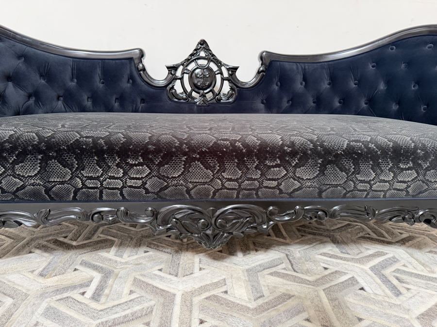 (1 of 2) Hand-Carved Baroque Black Velvet Sofa With Glossy Black Lacquered Frame, Deep Button Tufting, And Faux Python Patterned Cushion 81'W X 34'D X 33'H [Photo 3]
