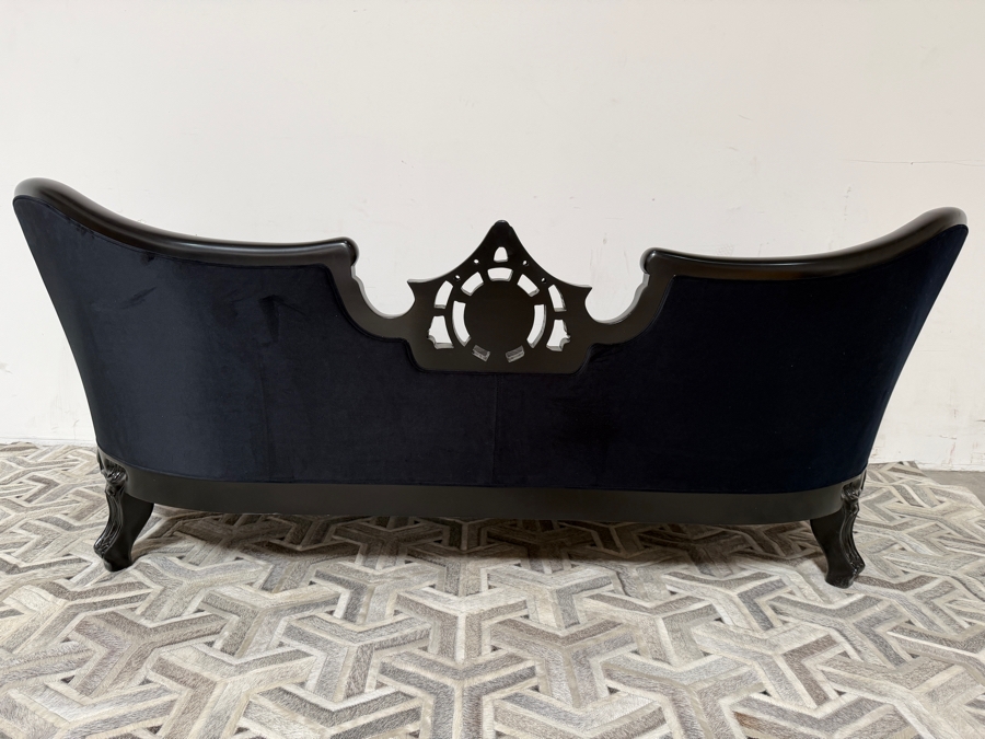 (1 of 2) Hand-Carved Baroque Black Velvet Sofa With Glossy Black Lacquered Frame, Deep Button Tufting, And Faux Python Patterned Cushion 81'W X 34'D X 33'H [Photo 7]