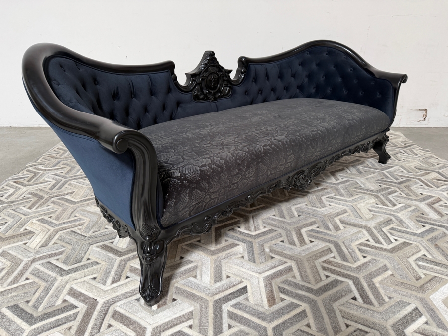 (1 of 2) Hand-Carved Baroque Black Velvet Sofa With Glossy Black Lacquered Frame, Deep Button Tufting, And Faux Python Patterned Cushion 81'W X 34'D X 33'H [Photo 6]