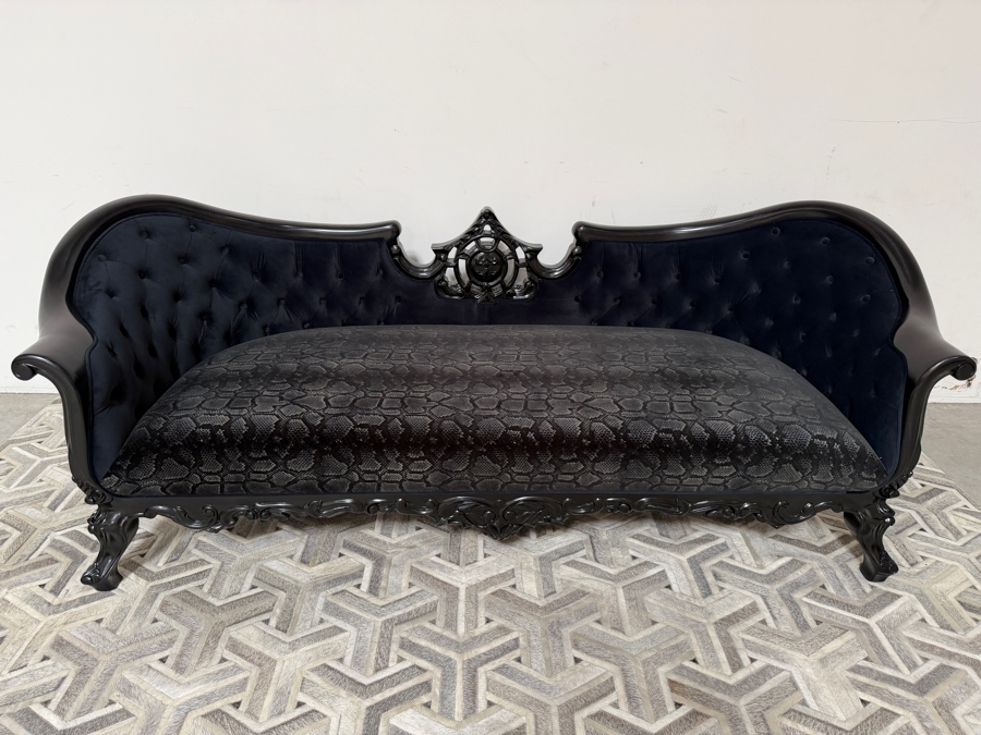 (1 of 2) Hand-Carved Baroque Black Velvet Sofa With Glossy Black Lacquered Frame, Deep Button Tufting, And Faux Python Patterned Cushion 81'W X 34'D X 33'H [Photo 4]