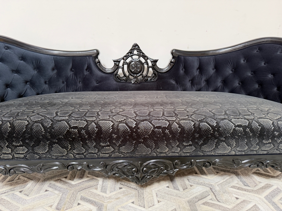(2 of 2) Hand-Carved Baroque Black Velvet Sofa With Glossy Black Lacquered Frame, Deep Button Tufting, And Faux Python Patterned Cushion 81'W X 34'D X 33'H  [Photo 3]