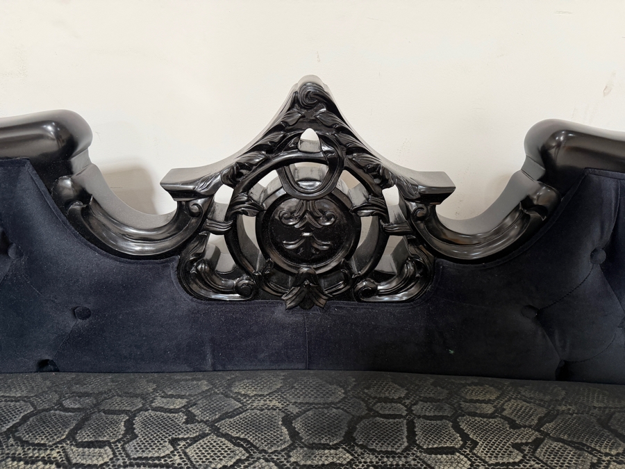 (2 of 2) Hand-Carved Baroque Black Velvet Sofa With Glossy Black Lacquered Frame, Deep Button Tufting, And Faux Python Patterned Cushion 81'W X 34'D X 33'H  [Photo 4]