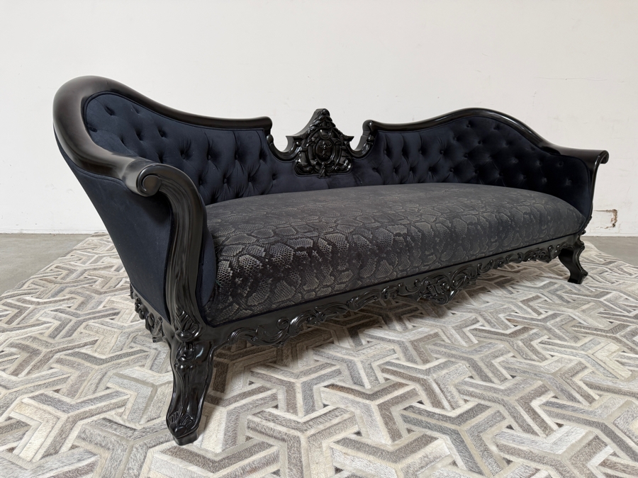 (2 of 2) Hand-Carved Baroque Black Velvet Sofa With Glossy Black Lacquered Frame, Deep Button Tufting, And Faux Python Patterned Cushion 81'W X 34'D X 33'H  [Photo 5]