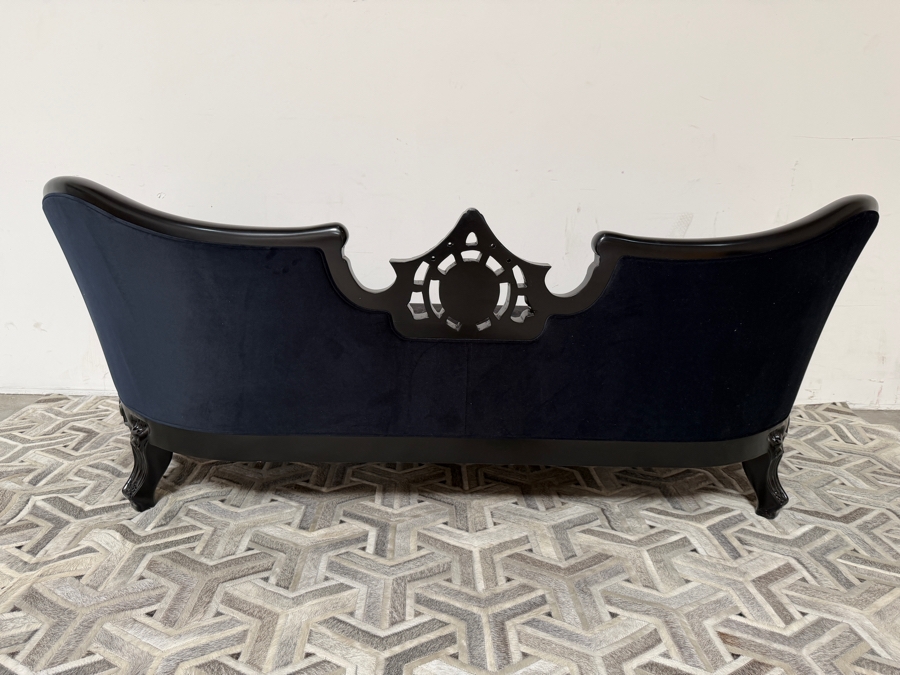 (2 of 2) Hand-Carved Baroque Black Velvet Sofa With Glossy Black Lacquered Frame, Deep Button Tufting, And Faux Python Patterned Cushion 81'W X 34'D X 33'H  [Photo 6]