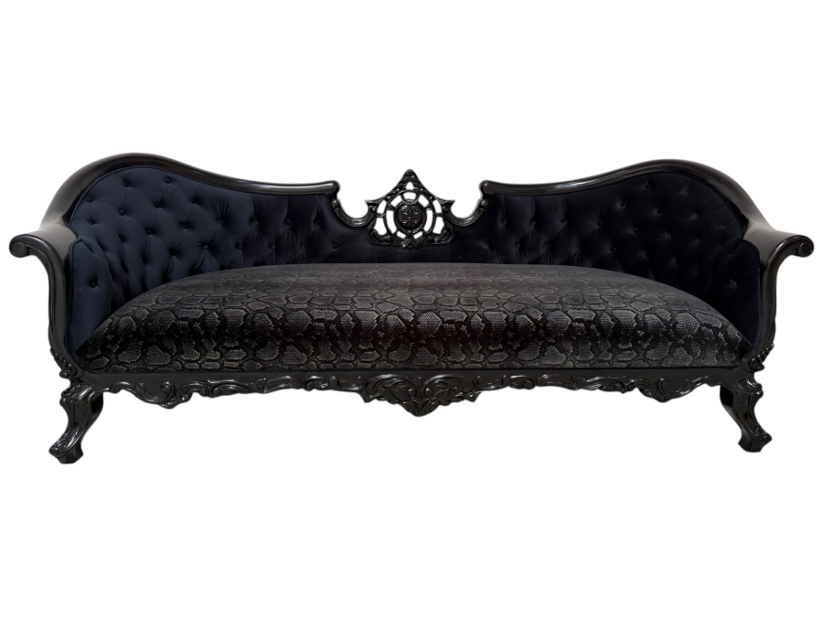 (2 of 2) Hand-Carved Baroque Black Velvet Sofa With Glossy Black Lacquered Frame, Deep Button Tufting, And Faux Python Patterned Cushion 81'W X 34'D X 33'H 